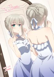 Rule 34 | 1girl, ahoge, alternate costume, bare arms, bare shoulders, braid, braided bun, breasts, chili-tomato (gekikaraya), closed mouth, collarbone, commentary request, contrapposto, dated, dress, fate (series), from behind, gray (fate), green eyes, grey dress, hair bun, hair ribbon, hands up, highres, indoors, lord el-melloi ii case files, medium breasts, mirror, reflection, ribbon, short hair, signature, single hair bun, sleeveless, sleeveless dress, solo, white dress, white ribbon, wrist cuffs