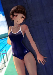 Rule 34 | 1girl, absurdres, against wall, aioe, arm behind back, blue one-piece swimsuit, blunt bangs, blurry, blurry background, blush, breasts, brown hair, cameltoe, closed mouth, collarbone, commentary, competition school swimsuit, covered navel, cowboy shot, dutch angle, head tilt, highres, looking at viewer, medium breasts, one-piece swimsuit, original, outdoors, pool, ringed eyes, school swimsuit, shade, short hair, smile, solo, spread fingers, standing, swimsuit, tan, variant set, wet, wet hair