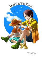 Rule 34 | 2boys, absurdres, brothers, child, east blue, eating, food, freckles, hand on another&#039;s head, hat, highres, male focus, meat, monkey d. luffy, multiple boys, oceanies1994, one piece, portgas d. ace, shueisha, siblings, sitting, sleeping, smile, straw hat, aged down