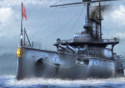 Rule 34 | battleship, cannon, cloud, cloudy sky, flag, imperial japanese navy, ishii hisao, kikumon, mikasa (battleship), military, military vehicle, no humans, original, ship, sky, smoke, warship, watercraft
