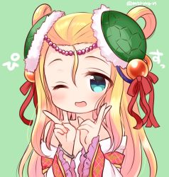 Rule 34 | 1girl, ;d, bad id, bad pixiv id, beads, blonde hair, blue eyes, blush, circlet, green background, hair bobbles, hair ornament, hair ribbon, hair rings, hair strand, long hair, mashiro miru, meimei (p&amp;d), one eye closed, open mouth, puzzle &amp; dragons, ribbon, simple background, smile, solo, translated, turtle shell, twitter username, upper body