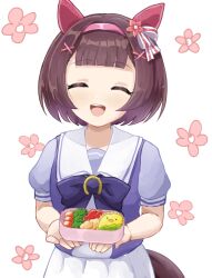 Rule 34 | 1girl, animal ears, bento, blunt bangs, blush, bow, bowtie, brown hair, closed eyes, closed mouth, commentary request, ear covers, facing viewer, flower, hairband, highres, horse ears, horse girl, horse tail, nishino flower (umamusume), open mouth, purple shirt, sailor collar, sangria (sangria69), school uniform, shirt, short hair, short sleeves, skirt, smile, solo, tail, teeth, tracen school uniform, umamusume, upper body, upper teeth only, white skirt