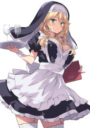Rule 34 | 1girl, alternate costume, apron, black dress, blonde hair, blush, breasts, cleavage, cup, dress, drinking glass, earrings, engage kiss, enmaided, expressionless, fingernails, frilled dress, frills, garter straps, green eyes, hair between eyes, highres, holding, holding menu, jewelry, large breasts, long hair, looking at viewer, maid, maid apron, menu, nail polish, nun, pink nails, puffy short sleeves, puffy sleeves, rasahan, sharon holygrail, short sleeves, simple background, single earring, solo, thighhighs, tray, white apron, white background, white thighhighs, wrist cuffs