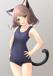 Rule 34 | 1girl, animal ears, black one-piece swimsuit, bob cut, breasts, brown hair, cat ears, cat tail, gluteal fold, green eyes, grey background, hands on own hips, head tilt, highres, looking at viewer, old school swimsuit, one-piece swimsuit, original, school swimsuit, shibacha, short hair, simple background, small breasts, smile, solo, swimsuit, tail, thigh gap