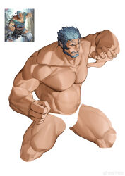 Rule 34 | 1boy, absurdres, bara, beard, blue hair, clenched teeth, facial hair, fire emblem, fire emblem: path of radiance, highres, large pectorals, male focus, male pubic hair, male underwear, mordecai (fire emblem), muscular, muscular male, my eight, navel, nintendo, nipples, pectorals, photo-referenced, pubic hair, short hair, simple background, solo, teeth, underwear, white background