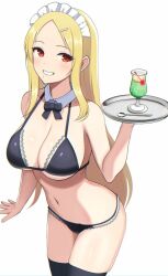 Rule 34 | 1girl, arm at side, bikini, black bikini, black bow, black bowtie, black thighhighs, blonde hair, blush, bow, bowtie, breasts, cherry, chromatic aberration, cleavage, collarbone, commentary, cowboy shot, cup, detached collar, drinking glass, food, fruit, grin, hair ornament, hairclip, hand up, highres, holding, holding tray, ice cream, ice cream float, lace, lace-trimmed bikini, lace trim, large breasts, long hair, looking at viewer, maid, maid bikini, maid headdress, mole, mole under mouth, navel, parted bangs, parted lips, red eyes, senran kagura, shiki (senran kagura), sidelocks, simple background, smile, solo, spoon, standing, stomach, surippa1010, swimsuit, thighhighs, tray, unconventional maid, very long hair, white background