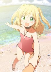 Rule 34 | 1girl, :d, bare arms, bare shoulders, beach, blonde hair, blush, bright pupils, copyright request, fisheye, flat chest, green eyes, halterneck, happy, holding another&#039;s wrist, hota, long hair, looking at viewer, ocean, one-piece swimsuit, open mouth, pink one-piece swimsuit, pov, pov hands, sand, sandals, smile, solo focus, swimsuit, two side up, white pupils