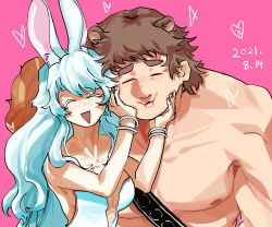 Rule 34 | 1boy, 1girl, ^ ^, absurdres, animal ears, artemis (fate), bare pectorals, bear ears, blush, breasts, cheek bulge, closed eyes, fate/grand order, fate (series), hand on another&#039;s cheek, hand on another&#039;s face, hetero, highres, large pectorals, medium breasts, muscular, muscular male, pectorals, rabbit ears, shigangtang (hardcandy l), short hair, sideburns, single bare shoulder, super orion (fate), sweatdrop, thick eyebrows, upper body