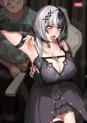 1girl absurdres after_fellatio alternate_breast_size armpit_focus armpits black_choker black_hair blush breasts choker cleavage cum cum_on_armpits cum_on_body cum_on_breasts cum_on_clothes cum_on_upper_body grey_hair hetero highres hololive hololive_english huge_breasts humiliation kirinkirin large_breasts livestream multicolored_hair old old_man open_mouth presenting_armpit shiori_novella shiori_novella_(1st_costume) smile snot split-color_hair stray_pubic_hair tongue tongue_out two-tone_hair virtual_youtuber wrinkled_skin yellow_eyes