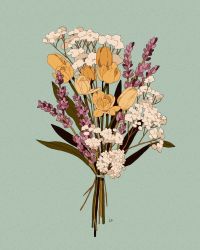 Rule 34 | bouquet, commentary, english commentary, flower, highres, lavender (flower), leaf, libbyframe, no humans, original, plant, purple flower, signature, simple background, still life, tulip, white flower, yellow flower, yellow tulip