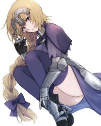 Rule 34 | 1girl, armor, armored dress, blonde hair, bow, braid, braided ponytail, closed mouth, dress, fate/apocrypha, fate (series), faulds, fetal position, gauntlets, hair bow, headpiece, highres, jeanne d&#039;arc (fate), long hair, looking at viewer, lying, maru (pixiv51714255), on side, ponytail, purple bow, purple dress, purple eyes, purple thighhighs, simple background, smile, solo, thighhighs, very long hair, white background