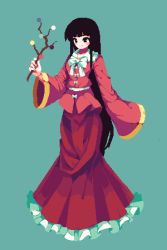 Rule 34 | 1girl, 4qw5, black eyes, black hair, blue background, blunt bangs, bow, bowtie, branch, closed mouth, frilled skirt, frills, full body, highres, hime cut, holding, holding branch, houraisan kaguya, long hair, long sleeves, looking at viewer, pink shirt, pixel art, red skirt, shirt, simple background, skirt, smile, solo, standing, touhou, white bow, white bowtie, wide sleeves