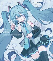 Rule 34 | 1girl, absurdres, album cover, aqua hair, aqua nails, aqua necktie, arm tattoo, black skirt, black sleeves, black thighhighs, cd, closed eyes, collared shirt, cover, detached sleeves, english text, grey shirt, hair between eyes, hatsune miku, headphones, headset, highres, housuke (flb66i2qnuqy63f), long hair, lying, necktie, number tattoo, on back, open mouth, pleated skirt, shirt, skirt, sleeveless, sleeveless shirt, solo, tattoo, thighhighs, twintails, twitter username, unconscious, very long hair, vocaloid