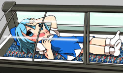 Rule 34 | 1girl, ankle socks, annon (tabi suru ani-photo), blue eyes, blue hair, bow, cirno, freezer, hair bow, hand on forehead, in container, in refrigerator, lying, matching hair/eyes, meme, no nose, open mouth, refrigerator, short hair, socks, solo, touhou, white socks