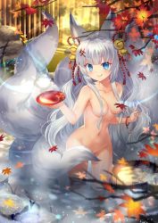 Rule 34 | 1girl, :q, animal ears, bangle, bell, blue eyes, bracelet, breasts, capura lin, censored, censored nipples, convenient censoring, cup, fox ears, fox tail, hair bell, hair censor, hair ornament, hair over breasts, highres, hot spring, jewelry, jingle bell, kuuki shoujo, leaf, light particles, long hair, maple leaf, multiple tails, navel, nude, onsen, outdoors, sakazuki, small breasts, solo, standing, steam, tail, the personification of atmosphere, tongue, tongue out, wading, white hair