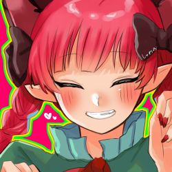 Rule 34 | 1girl, animal ears, blush, bow, braid, cat ears, claw pose, closed eyes, extra ears, fingernails, grin, heart, kaenbyou rin, kashiwara mana, nail polish, outline, pink background, pointy ears, portrait, red hair, red nails, simple background, smile, touhou, twin braids
