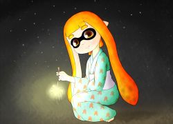 Rule 34 | 1girl, barefoot, blunt bangs, crabbin, dress, fireworks, flat chest, inkling, inkling girl, inkling player character, japanese clothes, kimono, long hair, looking at viewer, monster girl, nintendo, obi, pointy ears, print dress, sash, short hair with long locks, sidelocks, smile, solo, sparkler, splatoon (series), splatoon 1, squatting, summer festival, tentacle hair, toes, twintails