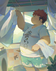 Rule 34 | 1boy, absurdres, bird, black hair, commentary request, day, fat, fat man, flying, hangar, highres, indoors, laundry basket, light rays, multicolored hair, red hair, yakushimaru ryota, seamonsterping, shirt, short hair, smile, solo, sunbeam, sunlight, thick thighs, thighs, tokyo houkago summoners, two-tone hair, underwear, washing machine, white shirt, window