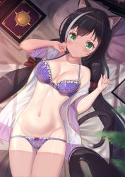 Rule 34 | 1girl, 3:, absurdres, animal ear fluff, animal ears, bed, bed sheet, black hair, blush, book, bow, bow bra, bow panties, bra, breasts, cat ears, cat girl, cat tail, cleavage, closed mouth, collarbone, cowboy shot, crying, crying with eyes open, frilled bra, frilled panties, frills, from above, frown, gluteal fold, groin, hair bow, highres, jacket, karyl (princess connect!), long hair, looking at viewer, looking up, low twintails, lying, medium breasts, navel, on back, on bed, open clothes, open jacket, panties, pillow, plaid, plaid bra, plaid panties, princess connect!, purple bra, purple panties, red bow, ribbon-trimmed bra, short sleeves, solo, stomach, tail, tears, thigh gap, twintails, underwear, very long hair, wanderlucia, white jacket