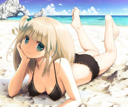 Rule 34 | 1girl, barefoot, beach, bikini, blonde hair, breasts, head rest, cleavage, cloud, day, feet, green eyes, long hair, looking at viewer, lying, medium breasts, nemutai (fsn19123), on stomach, original, outdoors, sand, side ponytail, sky, smile, soles, solo, swimsuit, toe scrunch, toes, water