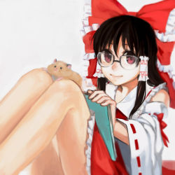 Rule 34 | 1girl, animal, bespectacled, book, bow, brown hair, female focus, glasses, hakurei reimu, hamster, highres, kayako (tdxxxk), knees, red eyes, simple background, sitting, smile, solo, touhou, white background