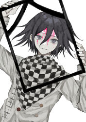 Rule 34 | 1boy, absurdres, black hair, blood, blood on face, buttons, checkered clothes, checkered scarf, commentary request, danganronpa (series), danganronpa v3: killing harmony, double-breasted, grey background, grey jacket, hair between eyes, highres, holding, holding frame, iei, jacket, long sleeves, male focus, oma kokichi, pink blood, scarf, simple background, solo, upper body, wa noko