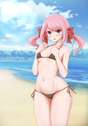 Rule 34 | 1girl, assault lily, bare arms, bare shoulders, beach, bikini, black bikini, blue eyes, blue sky, blurry, blurry background, blush, bow, breasts, chromatic aberration, cloud, commentary request, cowboy shot, day, groin, hair bow, halterneck, hands on own chest, hands up, highres, long hair, looking at viewer, micro bikini, navel, outdoors, parted lips, pink hair, raised eyebrows, red bow, sadamori himeka, side-tie bikini bottom, sidelocks, sky, small breasts, solo, standing, stomach, string bikini, swimsuit, twintails, water, wet, yajiuma no jesse
