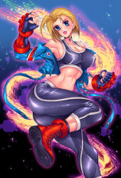 Rule 34 | 1girl, ass, bare shoulders, blonde hair, breasts, cammy white, cleavage, crop top, cropped jacket, fingerless gloves, gloves, highres, jacket, john r, large breasts, long sleeves, pants, scar, scar on face, short hair, street fighter, street fighter 6