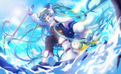 Rule 34 | 1girl, :d, aqua hair, black pantyhose, blue eyes, blue skirt, blush, boots, cloud, day, diving mask, diving mask on head, from below, gloves, goggles, goggles on head, hair ornament, hat, hatsune miku, jacket, knee boots, long hair, looking at viewer, miemia, open mouth, pantyhose, rabbit, scarf, skiing, skirt, sky, smile, snow, snow rabbit, snowboard, snowflakes, solo, sun glare, twintails, very long hair, vocaloid, white footwear, yuki miku, yukine (vocaloid)