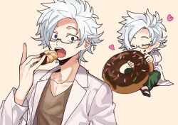 Rule 34 | 1boy, black footwear, brown shirt, closed eyes, collarbone, commentary request, constricted pupils, doughnut, food, french cruller, glasses, green pants, heart, holding, holding food, kanou aogu, lab coat, long hair, male focus, medu (rubish), multiple views, open clothes, open mouth, pants, saibou shinkyoku, sandals, semi-rimless eyewear, shirt, short hair, simple background, smile, teeth, upper body, upper teeth only, white hair, yellow background