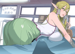 Rule 34 | 1girl, ass, barber, barber shop, blonde hair, blush, breast press, breasts, earrings, elf, elf no sumu danchi 2, erection, erection under clothes, green eyes, hair between eyes, highres, huge breasts, index finger raised, indoors, jewelry, kotoyoshi yumisuke, long hair, long skirt, looking back, lying, original, parted lips, pointy ears, ring, serious, skirt, sleeveless, solo focus