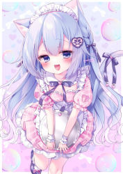 Rule 34 | 1girl, animal ear fluff, animal ears, apron, bare shoulders, blue eyes, blue hair, blunt bangs, blush, blush stickers, bow, bowtie, braid, breasts, cat ears, cat girl, cat tail, cleavage, collar, collarbone, dress, embarrassed, fang, frilled apron, frilled dress, frilled skirt, frilled sleeves, frills, hair between eyes, hair ornament, heart, heart hair ornament, heart necklace, heart pendant, highres, holding, jewelry, kemonomimi mode, lolita fashion, long hair, looking at viewer, maid, maid apron, maid headdress, miqo&#039;te, momochi chia, multicolored hair, necklace, nose blush, open mouth, original, pink dress, plaid, plaid skirt, plate, puffy short sleeves, puffy sleeves, purple bow, purple bowtie, purple footwear, ribbon, sailor collar, shoes, short sleeves, side braid, simple background, skirt, sleeve cuffs, small breasts, smile, soap bubbles, socks, solo, strapless, strapless dress, tail, tail bow, tail ornament, tail raised, two-tone hair, uwabaki, waist apron, watermark, white apron, white hair, white socks, white wrist cuffs, wrist cuffs