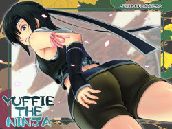 Rule 34 | 00s, 1990s (style), 1girl, ass, back, bare shoulders, black hair, brown eyes, character name, cherry blossoms, detached sleeves, female focus, final fantasy, final fantasy vii, final fantasy vii advent children, from below, headband, jacket, looking back, looking down, ribbon, saeki takashi, short hair, shorts, solo, vest, yuffie kisaragi