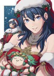Rule 34 | 1boy, 1girl, absurdres, bare shoulders, blue eyes, blue hair, brown gloves, byleth (female) (fire emblem), byleth (female) (frosty professor) (fire emblem), byleth (fire emblem), byleth (male) (fire emblem), byleth (male) (frosty professor) (fire emblem), character doll, commentary, detached collar, doll, fire emblem, fire emblem: three houses, fire emblem heroes, fur-trimmed headwear, fur trim, gloves, grin, hair between eyes, hat, highres, holding, holding weapon, hugging doll, hugging object, lips, long hair, looking at viewer, nintendo, official alternate costume, parted lips, pink lips, red headwear, santa costume, santa hat, short hair, smile, snow, snowing, sothis (fire emblem), sothis (winter) (fire emblem), sumaboooo, sword, weapon