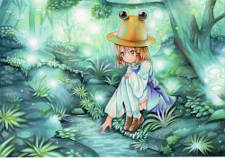 Rule 34 | 1girl, blonde hair, brown eyes, brown hat, colored pencil (medium), forest, grass, hair ribbon, hat, light particles, loafers, marker (medium), moriya suwako, mosho, mushroom, nature, painting (medium), ribbon, scenery, shoes, short hair, sitting, smile, solo, stream, thighhighs, touhou, traditional media, tree, water, watercolor (medium), white thighhighs