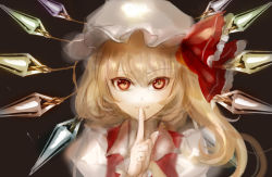 Rule 34 | 1girl, acrylic paint (medium), ascot, bad id, bad pixiv id, blonde hair, commentary request, crystal, flandre scarlet, hat, hat ribbon, index finger raised, keiko (mitakarawa), looking at viewer, mob cap, painting (medium), puffy sleeves, red eyes, red ribbon, ribbon, side ponytail, smile, solo, touhou, traditional media, upper body, wings, wrist cuffs