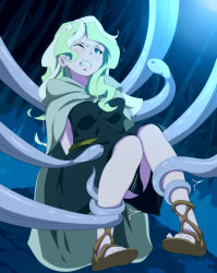 Rule 34 | 1girl, absurdres, animeeru, arms behind back, blue eyes, blush, breasts, cape, clenched teeth, diana cavendish, dress, feet, female focus, green cape, highres, knees together feet apart, leg grab, legs, little witch academia, long hair, looking at viewer, molestation, monster, multicolored hair, nose blush, one eye closed, restrained, sandals, simple background, small breasts, teeth, tentacles, thighs, toes, two-tone hair