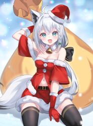 Rule 34 | 1girl, ahoge, animal ear fluff, animal ears, bag, bare shoulders, black thighhighs, blurry, blurry background, blush, braid, breasts, commentary, detached sleeves, earrings, fox ears, fox girl, fox tail, gloves, green eyes, hair between eyes, hat, highres, holding, holding bag, hololive, jewelry, kumarang, long hair, looking at viewer, midriff, navel, open mouth, red gloves, red shirt, red skirt, santa hat, seiza, shirakami fubuki, shirt, sidelocks, single braid, sitting, skirt, small breasts, snow, solo, symbol-only commentary, tail, thighhighs, virtual youtuber, white hair
