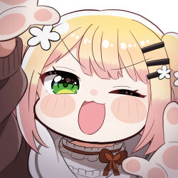 Rule 34 | 1girl, :d, ;d, against fourth wall, blonde hair, blush stickers, brown cardigan, cardigan, chibi, commentary request, flower, frilled shirt collar, frills, gradient hair, green eyes, hair flower, hair ornament, hairclip, highres, hololive, long sleeves, looking at viewer, medium hair, momosuzu nene, momosuzu nene (casual), multicolored hair, nabe (nabe otome), official alternate costume, official alternate hairstyle, one eye closed, open mouth, pink hair, shirt, simple background, smile, solo, twintails, upper body, v-shaped eyebrows, virtual youtuber, white background, white shirt