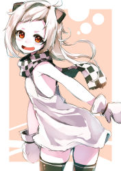 Rule 34 | 1girl, abyssal ship, ahoge, black thighhighs, border, checkered clothes, checkered scarf, colored skin, commentary request, cowboy shot, dress, highres, horns, kantai collection, long hair, looking at viewer, mittens, northern ocean princess, open mouth, orange background, red eyes, scarf, sleeveless, sleeveless dress, solo, standing, taisho (gumiyuki), thighhighs, two-tone background, white border, white dress, white hair, white skin
