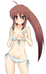 Rule 34 | 1girl, bikini, blush, brown hair, cowboy shot, female focus, little busters!, long hair, looking at viewer, masayu, natsume rin, navel, oversized clothes, ponytail, side-tie bikini bottom, simple background, solo, swimsuit, very long hair, white background, white bikini
