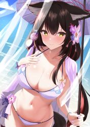 Rule 34 | 1girl, absurdres, animal ear fluff, animal ears, beach, bead bracelet, beads, bikini, black hair, blue archive, blue sky, blush, bracelet, breasts, cleavage, closed mouth, cloud, day, dutch angle, flower, fox ears, fox girl, hair flower, hair ornament, highres, holding, holding umbrella, jewelry, large breasts, long hair, looking at viewer, miyakoshin053, multicolored hair, navel, ocean, oil-paper umbrella, outdoors, purple nails, shawl, sky, smile, solo, stomach, streaked hair, swimsuit, umbrella, very long hair, wakamo (blue archive), wakamo (swimsuit) (blue archive), yellow eyes