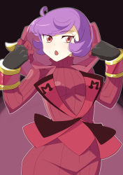 Rule 34 | 1girl, 34 (sanjushi), breasts, courtney (pokemon), creatures (company), fake horns, game freak, gloves, highres, hood, horned headwear, horns, looking at viewer, nintendo, open mouth, pokemon, pokemon oras, purple hair, ribbed sweater, short hair, simple background, solo, sweater, team magma, team magma uniform