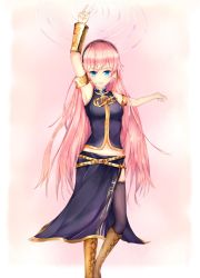 Rule 34 | 1girl, arm up, armpits, bad id, bad pixiv id, belt, black dress, black thighhighs, blue eyes, boots, breasts, copybird, cross-laced footwear, dress, grin, headphones, highres, knee boots, long hair, looking at viewer, megurine luka, microphone, midriff, navel, pink hair, sleeveless, sleeveless dress, smile, snapping fingers, solo, thighhighs, very long hair, vocaloid