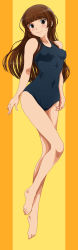 Rule 34 | 1girl, absurdres, amagami, barefoot, blush, breasts, brown eyes, brown hair, covered erect nipples, feet, highres, kamizaki risa, long hair, long image, nanashi noiji, one-piece swimsuit, school swimsuit, small breasts, solo, swimsuit, tall image