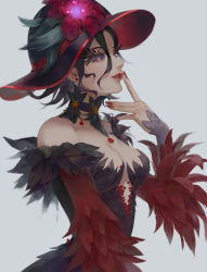 Rule 34 | 1girl, bad id, bad pixiv id, bare shoulders, beads, black dress, black hair, black hat, breasts, choker, cleavage, dress, earrings, eyelashes, feathers, finger to mouth, fingerless gloves, flipped hair, flower, from side, gem, gloves, glowing, glowing flower, hair between eyes, hand up, hat, hat flower, highres, hollow eyes, identity v, jewelry, lipstick, looking away, makeup, mary (identity v), medium breasts, nail polish, off-shoulder dress, off shoulder, parted lips, puumo (pumomo-climax), red dress, red flower, red hat, red neckwear, short hair, simple background, smile, solo, stud earrings, two-tone dress, upper body, wavy hair