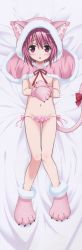 Rule 34 | 10s, 1girl, absurdres, animal ear fluff, animal ears, animal hands, animal hood, artist request, blush, bow, cat ears, cat tail, covering breasts, covering privates, dakimakura (medium), fake animal ears, frilled panties, frills, full body, fur-trimmed footwear, fur-trimmed hood, fur trim, gloves, hair between eyes, highres, hood, hood up, long image, looking at viewer, lying, minato tomoka, multicolored clothes, navel, official art, on back, open mouth, panties, paw gloves, paw panties, paw print, paw print pattern, paw shoes, pink eyes, pink footwear, pink gloves, pink hair, pink hood, pink panties, pom pom (clothes), print clothes, print panties, print underwear, red bow, rou-kyuu-bu!, side-tie panties, solo, source request, string panties, tail, tail bow, tail ornament, tall image, topless, underwear, underwear only