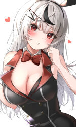 Rule 34 | 1girl, absurdres, alternate costume, animal ears, black hair, black leotard, black vest, blush, breasts, bunny garden, cleavage, collar, detached collar, fake animal ears, grey hair, hair ornament, hairpin, heart, highres, hololive, large breasts, leotard, long hair, looking at viewer, multicolored hair, rabbit ears, red eyes, sakamata chloe, solo, streaked hair, vest, virtual youtuber, white background, white collar, x hair ornament, yunon oto mad