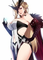 Rule 34 | 1girl, armpits, bare shoulders, black gloves, black mask, blonde hair, breasts, cleavage, genshin impact, gloves, gnosis (genshin impact), highres, large breasts, long hair, looking at viewer, mask, mature female, navel, signature, signora (genshin impact), simple background, smile, solo, white background, xter