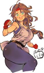 Rule 34 | 1girl, ass, braid, breasts, brown hair, commentary request, dougi, fbc, fingerless gloves, gloves, green eyes, headband, large breasts, open mouth, red gloves, ryuuko no ken, single braid, sketch, snk, solo, spandex, the king of fighters, thighs, white background, yuri sakazaki